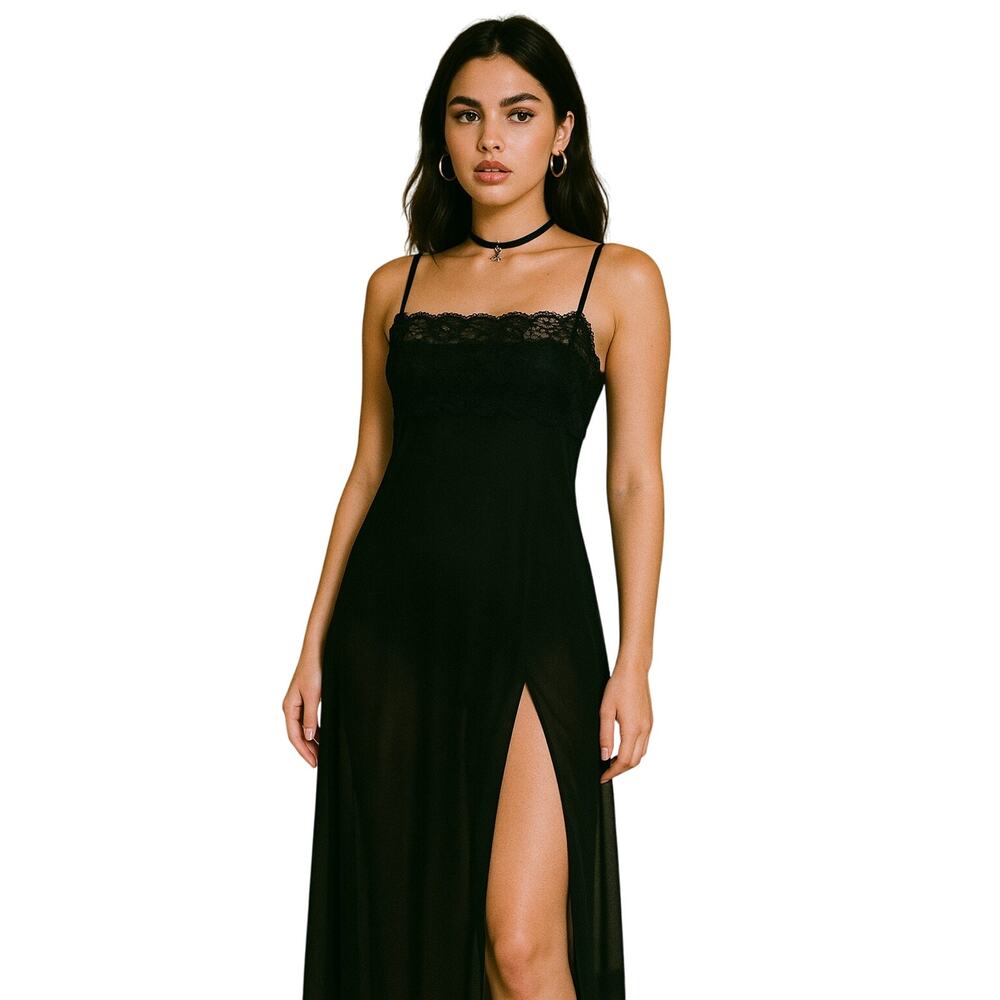Vintage 90s Victoria's Secrete Black Lace Sheer Slip Dainty Maxi Dress Size Sm